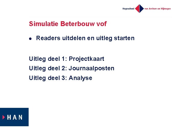 Simulatie Beterbouw vof l Readers uitdelen en uitleg starten Uitleg deel 1: Projectkaart Uitleg