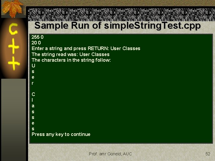 Sample Run of simple. String. Test. cpp 255 0 20 0 Enter a string Sample Run of simple. String. Test. cpp 255 0 20 0 Enter a string
