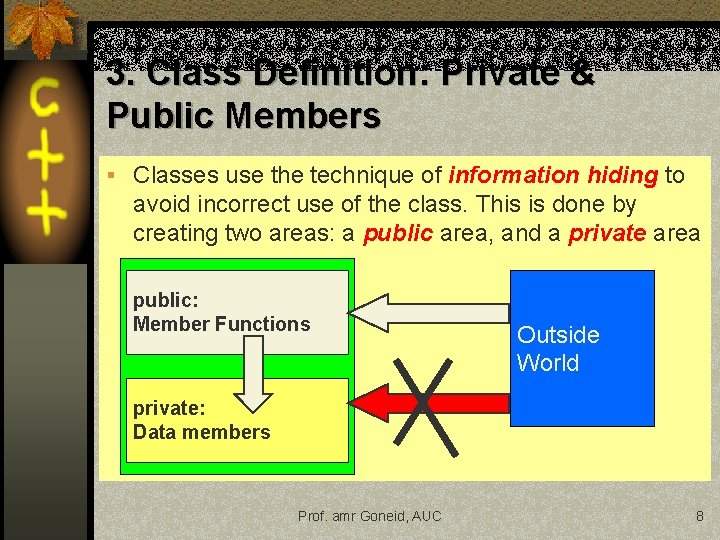 3. Class Definition: Private & Public Members § Classes use the technique of information 3. Class Definition: Private & Public Members § Classes use the technique of information
