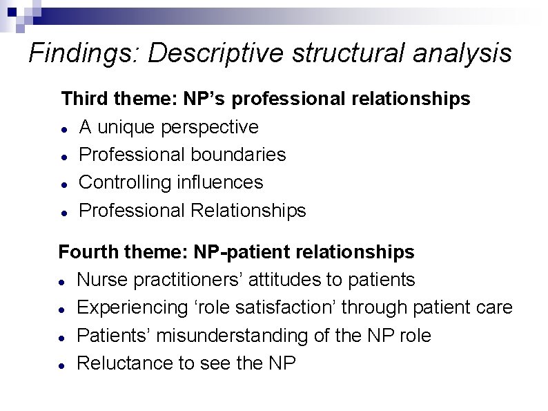 Findings: Descriptive structural analysis Third theme: NP’s professional relationships A unique perspective Professional boundaries