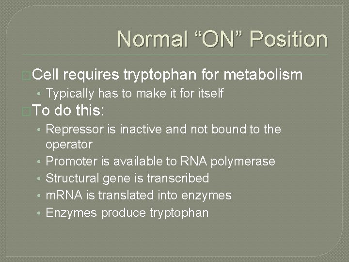 Normal “ON” Position �Cell requires tryptophan for metabolism • Typically has to make it