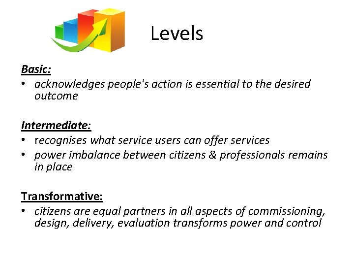 Levels Basic: • acknowledges people's action is essential to the desired outcome Intermediate: •