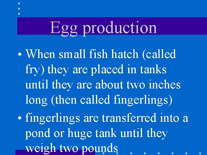 Egg production • When small fish hatch (called fry) they are placed in tanks