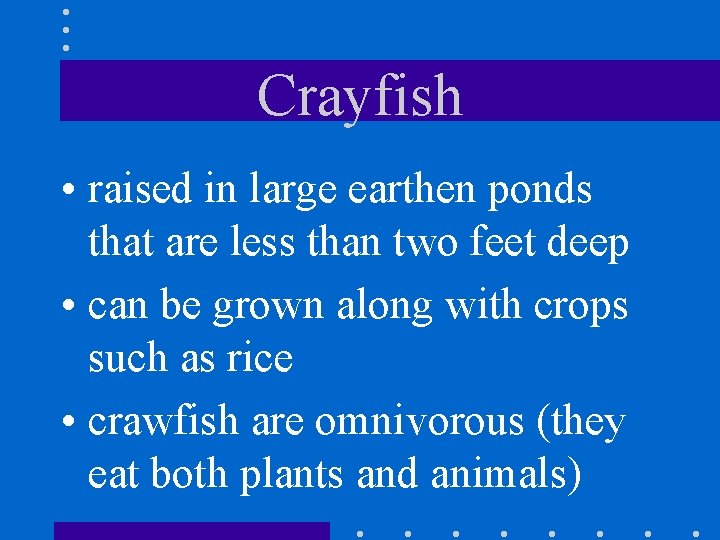 Crayfish • raised in large earthen ponds that are less than two feet deep