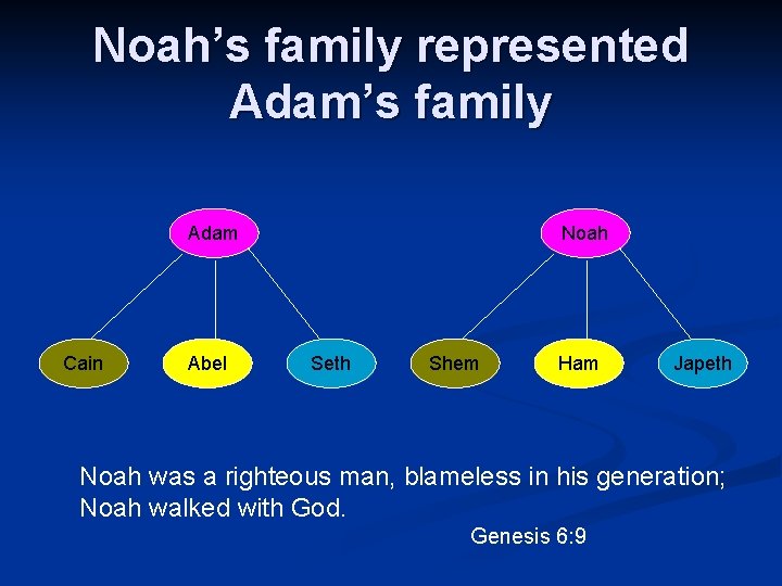 Noah’s family represented Adam’s family Adam Cain Abel Noah Seth Shem Ham Japeth Noah