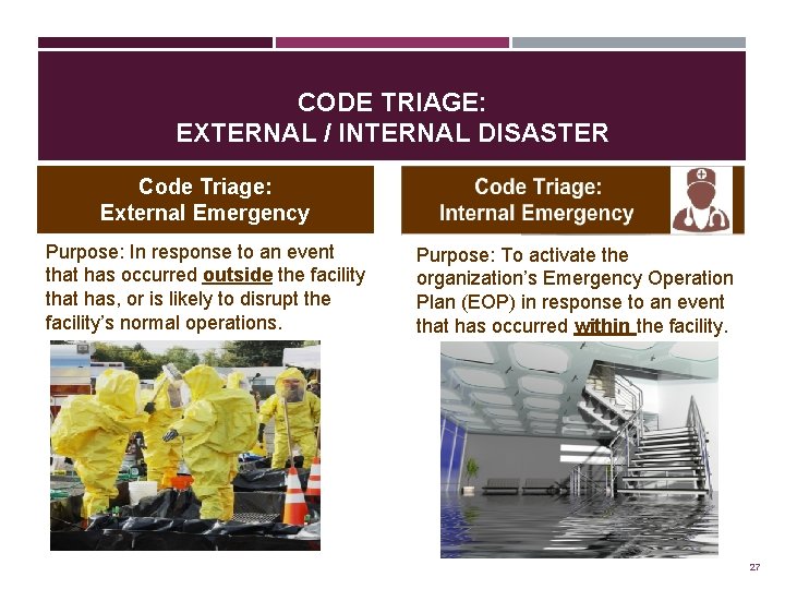 CODE TRIAGE: EXTERNAL / INTERNAL DISASTER Code Triage: External Emergency Purpose: In response to