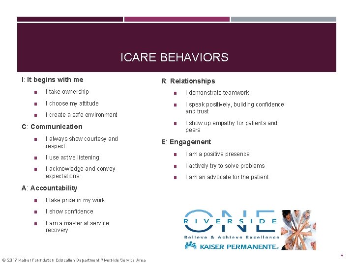 ICARE BEHAVIORS I: It begins with me R: Relationships ■ I take ownership ■