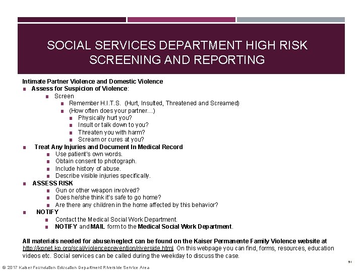 SOCIAL SERVICES DEPARTMENT HIGH RISK SCREENING AND REPORTING Intimate Partner Violence and Domestic Violence