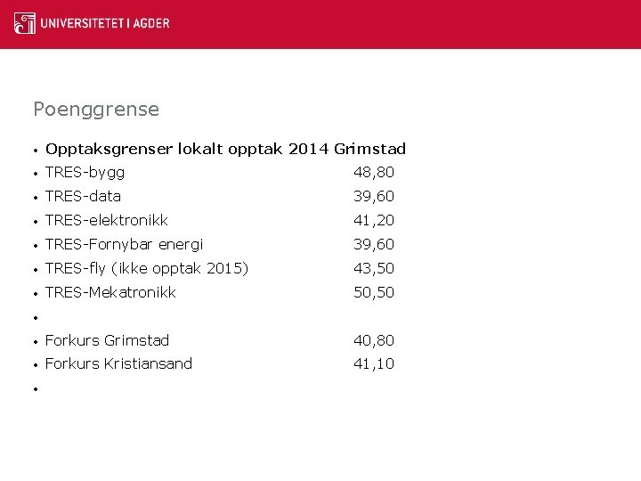 Poenggrense • Opptaksgrenser lokalt opptak 2014 Grimstad • TRES-bygg 48, 80 • TRES-data 39,