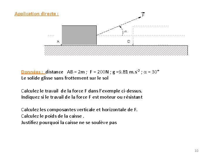 Application directe : Données : distance AB = 2 m ; F = 200 Application directe : Données : distance AB = 2 m ; F = 200