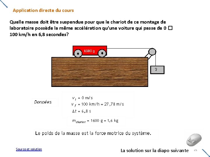 Application directe du cours Quelle masse doit être suspendue pour que le chariot de Application directe du cours Quelle masse doit être suspendue pour que le chariot de