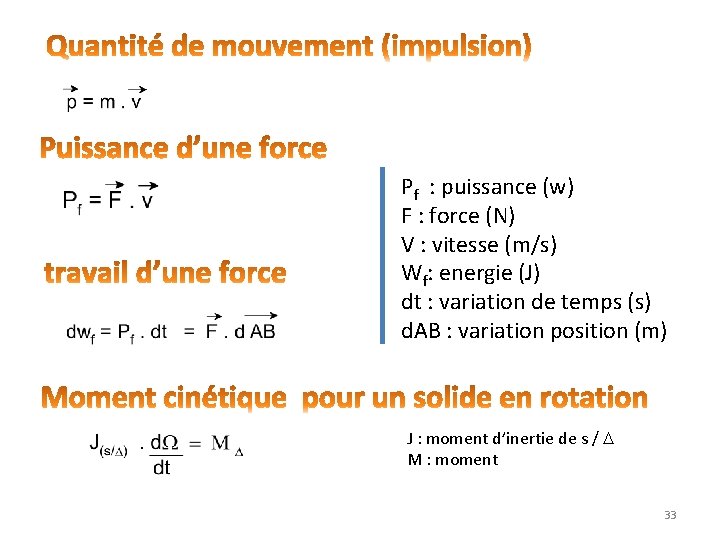 Pf : puissance (w) F : force (N) V : vitesse (m/s) Wf: energie Pf : puissance (w) F : force (N) V : vitesse (m/s) Wf: energie