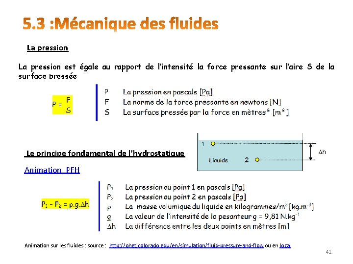 La pression est égale au rapport de l’intensité la force pressante sur l’aire S La pression est égale au rapport de l’intensité la force pressante sur l’aire S