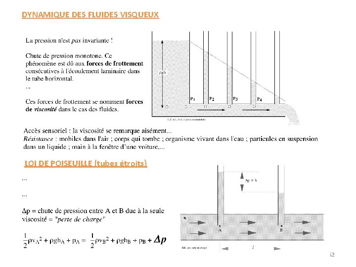 DYNAMIQUE DES FLUIDES VISQUEUX LOI DE POISEUILLE (tubes étroits) 52 DYNAMIQUE DES FLUIDES VISQUEUX LOI DE POISEUILLE (tubes étroits) 52