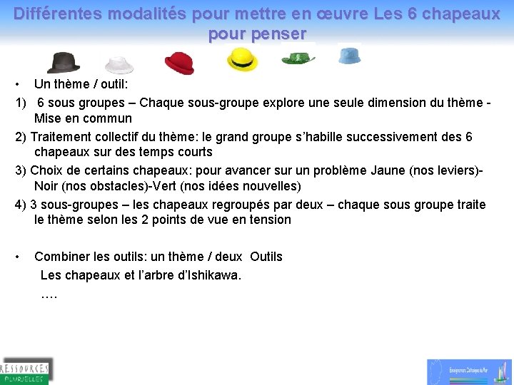 Différentes modalités pour mettre en œuvre Les 6 chapeaux pour penser • Un thème