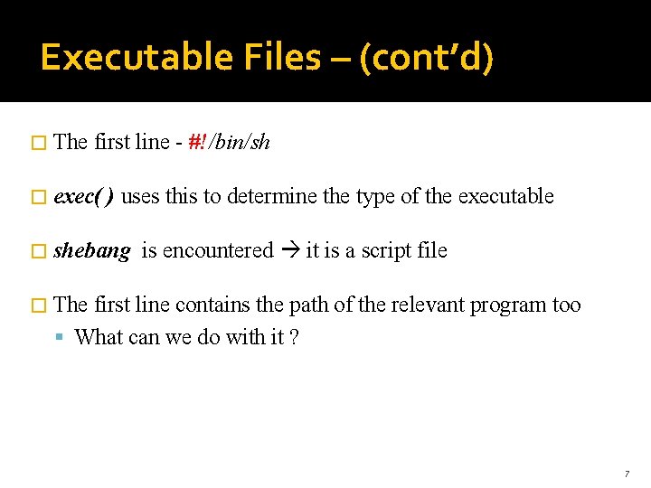 Executable Files – (cont’d) � The first line - #!/bin/sh � exec( ) uses