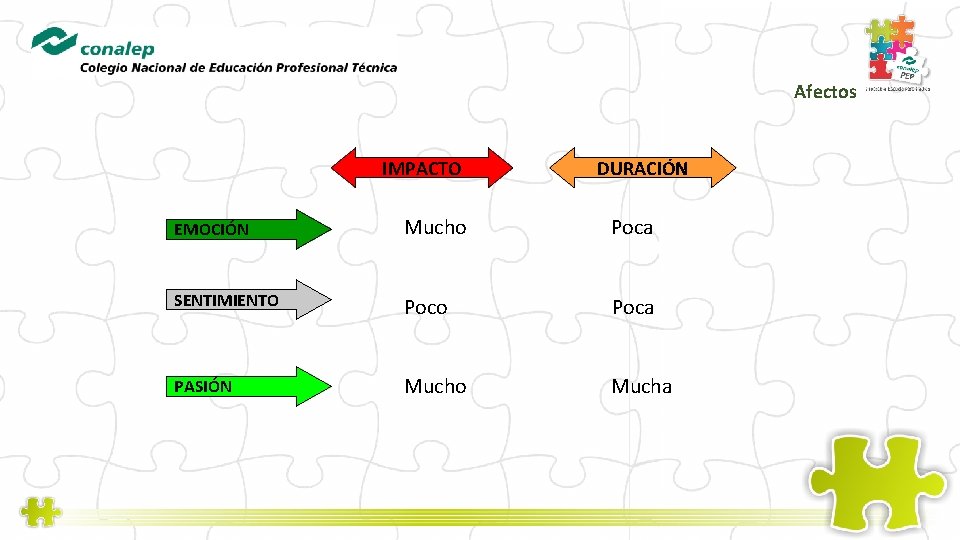 Afectos IMPACTO DURACIÓN Mucho Poca EMOCIÓN SENTIMIENTO Poco Poca PASIÓN Mucho Mucha 