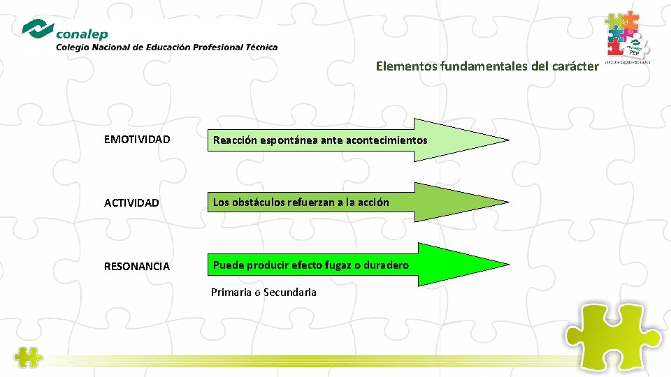 Elementos fundamentales del carácter EMOTIVIDAD Reacción espontánea ante acontecimientos ACTIVIDAD Los obstáculos refuerzan a