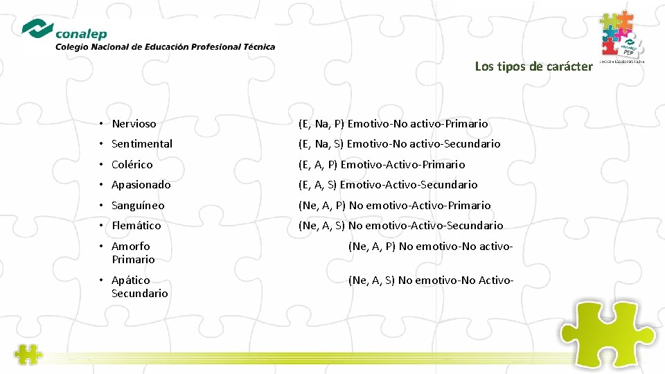 Los tipos de carácter • Nervioso (E, Na, P) Emotivo-No activo-Primario • Sentimental (E,