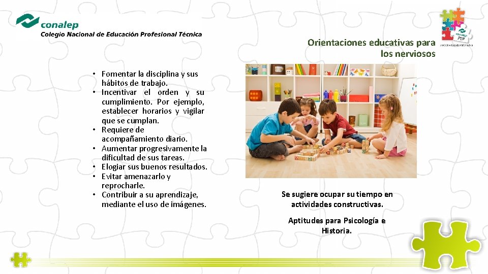 Orientaciones educativas para los nerviosos • Fomentar la disciplina y sus hábitos de trabajo.