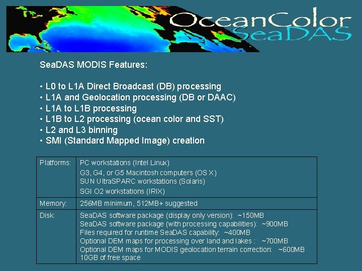 Sea. DAS MODIS Features: • L 0 to L 1 A Direct Broadcast (DB)