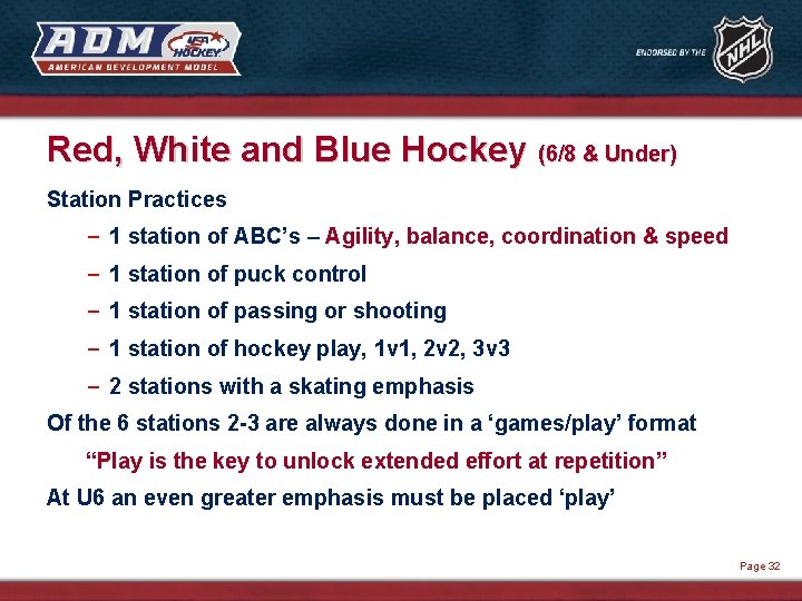 Red, White and Blue Hockey (6/8 & Under) Station Practices – 1 station of