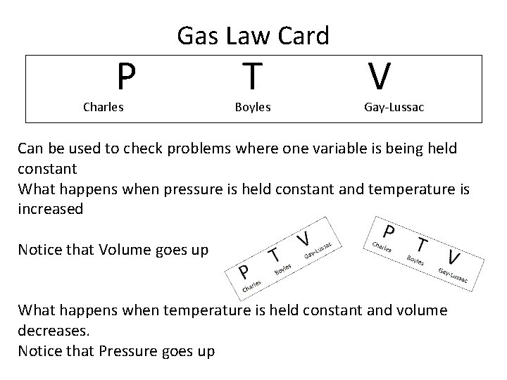 Gas Law Card P T V Charles Boyles Gay-Lussac Can be used to check