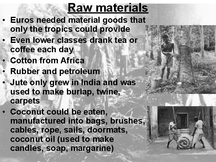 Raw materials • Euros needed material goods that only the tropics could provide •
