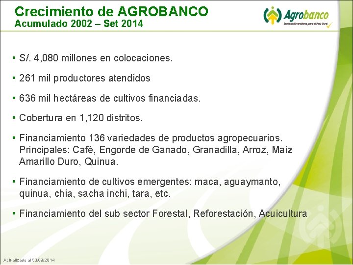 Crecimiento de AGROBANCO Acumulado 2002 – Set 2014 • S/. 4, 080 millones en