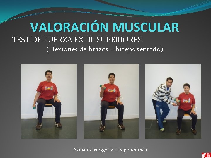 VALORACIÓN MUSCULAR TEST DE FUERZA EXTR. SUPERIORES (Flexiones de brazos – biceps sentado) Zona