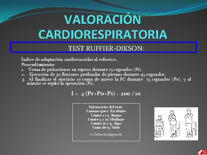 VALORACIÓN CARDIORESPIRATORIA TEST RUFFIER-DIKSON: Índice de adaptación cardiovascular al esfuerzo. Procedimiento: 1. Toma de