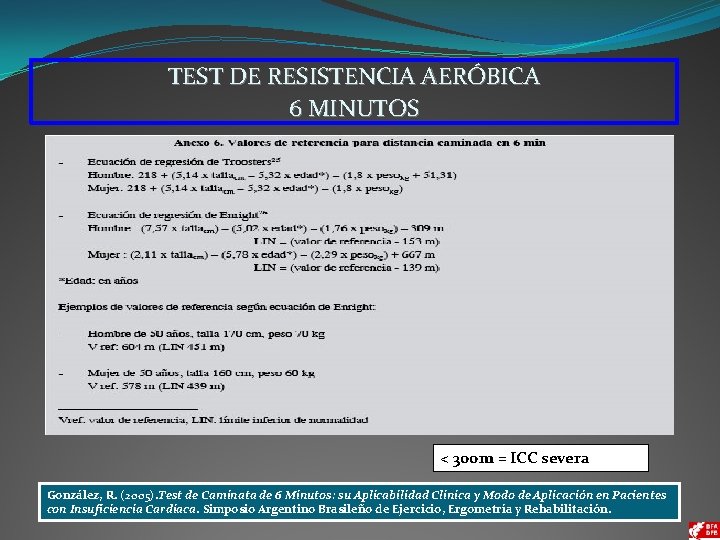 TEST DE RESISTENCIA AERÓBICA 6 MINUTOS < 300 m = ICC severa González, R.