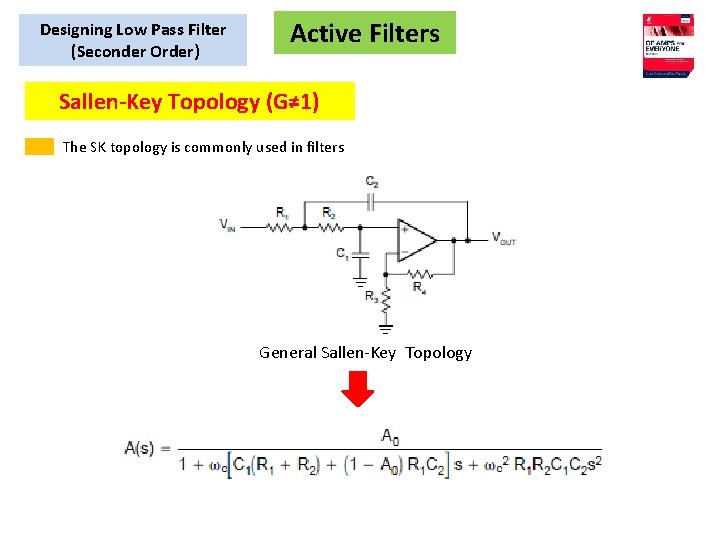 Designing Low Pass Filter (Seconder Order) Active Filters Sallen-Key Topology (G≠ 1) The SK