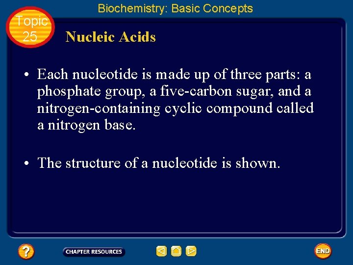 Topic 25 Biochemistry: Basic Concepts Nucleic Acids • Each nucleotide is made up of