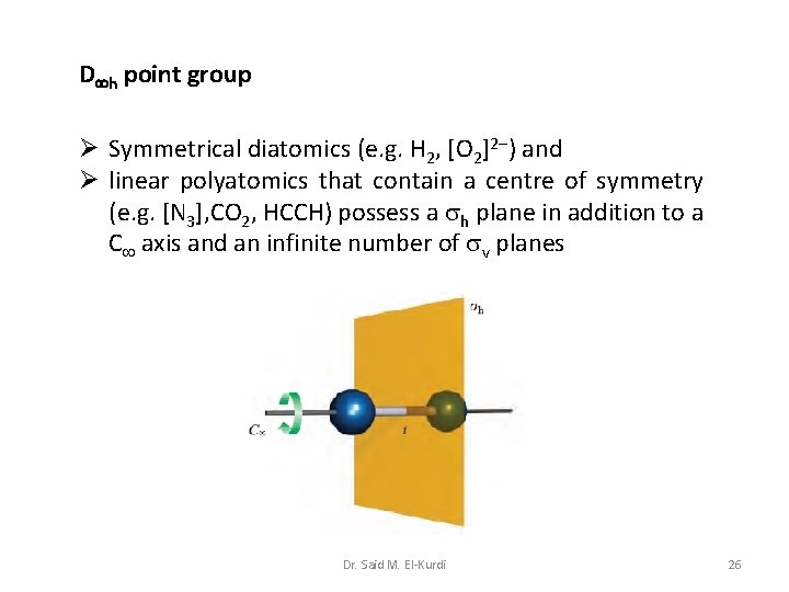 D h point group Ø Symmetrical diatomics (e. g. H 2, [O 2]2 )
