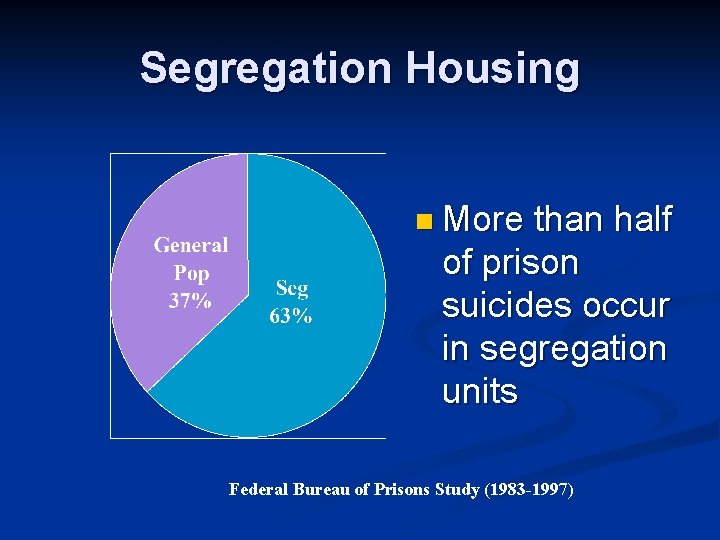 Segregation Housing n More than half of prison suicides occur in segregation units Federal Segregation Housing n More than half of prison suicides occur in segregation units Federal