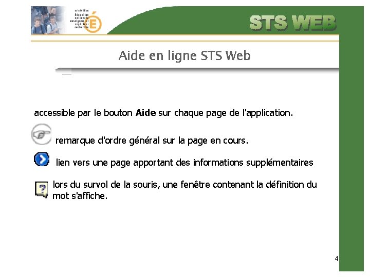 Aide en ligne STS Web accessible par le bouton Aide sur chaque page de Aide en ligne STS Web accessible par le bouton Aide sur chaque page de