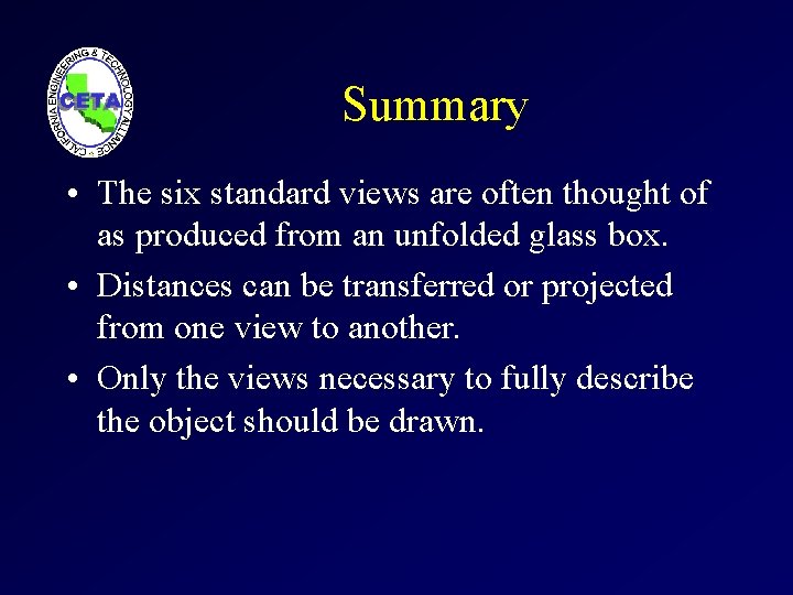 Summary • The six standard views are often thought of as produced from an