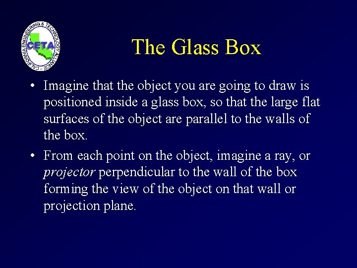 The Glass Box • Imagine that the object you are going to draw is