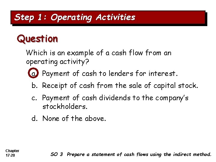 Step 1: Operating Activities Question Which is an example of a cash flow from