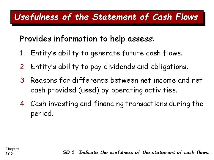 Usefulness of the Statement of Cash Flows Provides information to help assess: 1. Entity’s