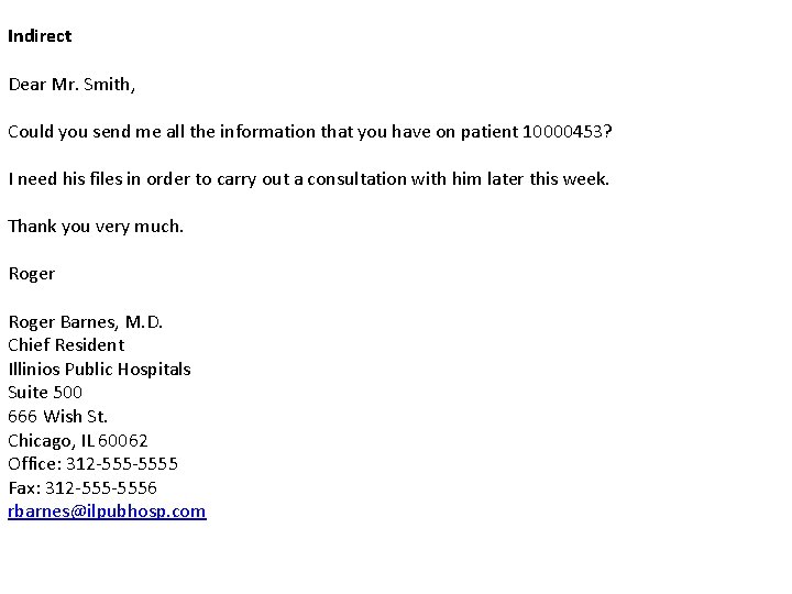 Indirect Dear Mr. Smith, Could you send me all the information that you have Indirect Dear Mr. Smith, Could you send me all the information that you have