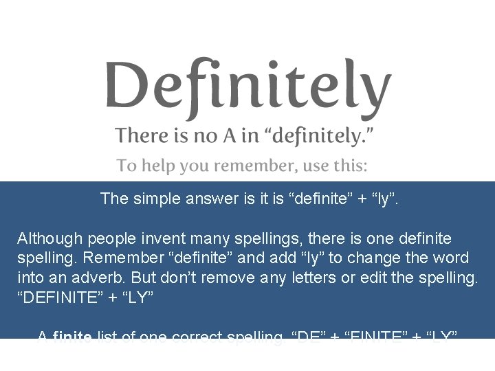 The simple answer is it is “definite” + “ly”. Although people invent many spellings,