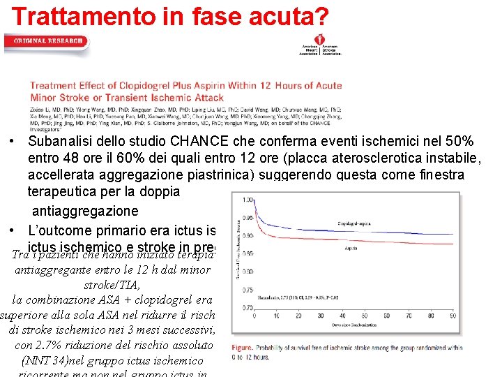 Trattamento in fase acuta? • Subanalisi dello studio CHANCE che conferma eventi ischemici nel