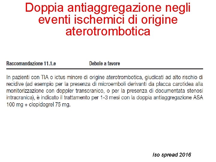 Doppia antiaggregazione negli eventi ischemici di origine aterotrombotica Iso spread 2016 