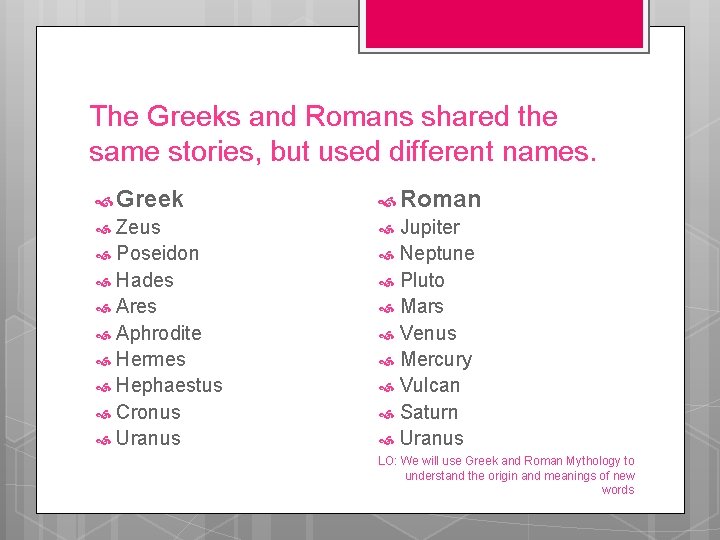 The Greeks and Romans shared the same stories, but used different names. Greek Roman