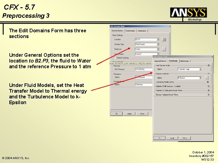 CFX - 5. 7 Preprocessing 3 Workshop The Edit Domains Form has three sections