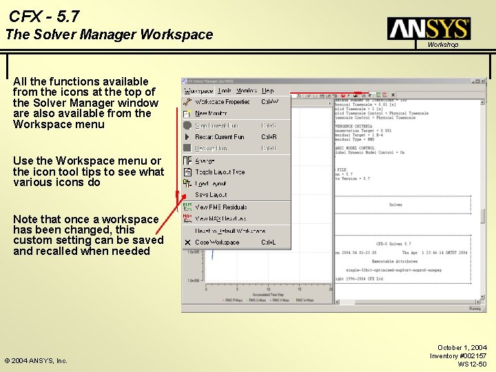 CFX - 5. 7 The Solver Manager Workspace Workshop All the functions available from