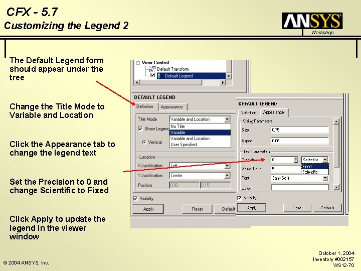 CFX - 5. 7 Customizing the Legend 2 Workshop The Default Legend form should