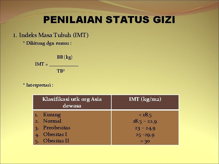 PENILAIAN STATUS GIZI 1. Indeks Masa Tubuh (IMT) * Dihitung dgn rumus : BB